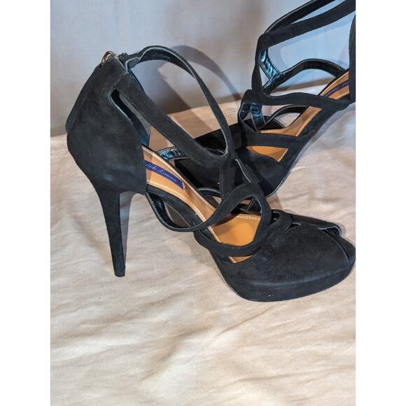 Ralph Lauren Purple Label Shoes Womens 40 B Cross Strappy Heels Black Suede 5" - Picture 5 of 16